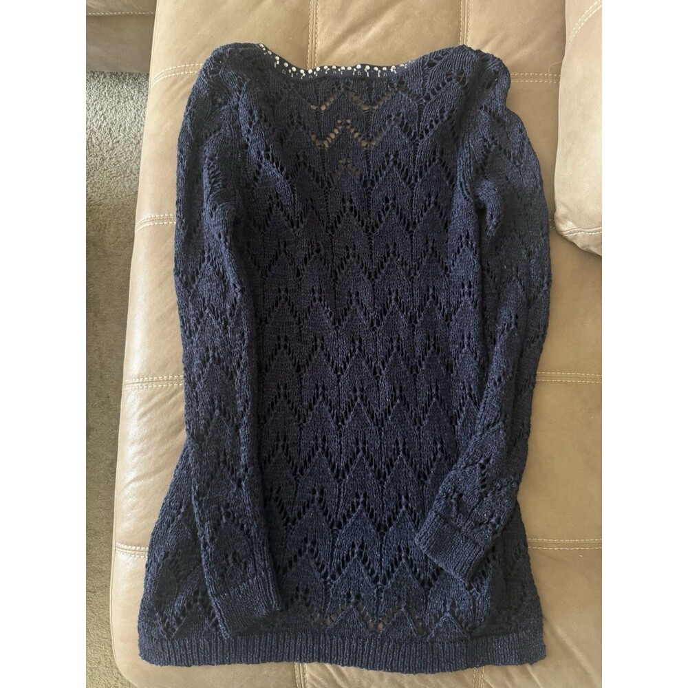 WHBM Navy Blue Jeweled Open Knit V Neck Pullover Sweater Small - Picture 4 of 9